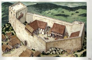 Middeleeuwen: reconstructie van het Katharenkasteel van Montsegur (voltooid in de 13e eeuw), Ariege, Frankrijk. door Giorgio Albertini
