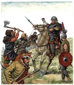 Middeleeuwen: scène van de Slag bij Roncesvaux (Spaans Baskenland), Franc ruiter van het Armee van Karel de Grote tegen de Moren in 778. Illustratie uit de 8e eeuw van Giorgio Albertini.