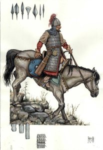 Middeleeuwen: soldaat van de Hongaarse zware cavalerie. 9e eeuw door Giorgio Albertini