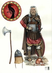 Middeleeuwen: soldaat van de Varangiaanse garde (of varegue garde), elitekorps van het Byzantijnse leger
