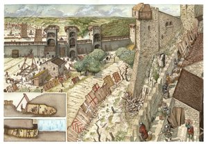 Middeleeuwen: de belegering van de stad Viterbo (Viterbo) bij Rome, begeerd door de Guelfes, aanhangers van de paus en door de Gibelins, aanhangers van het leger van keizer Frederik II Hohenstaufen (1194-1250) in 1240. Italië. Linksonder is een beschrijvin