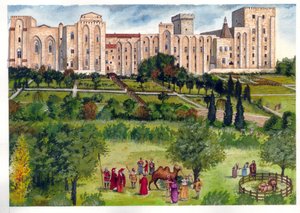 Middeleeuwen: uitzicht op het Pausenpaleis in Avignon, toen het de residentie van de pausen was. In de tuin wandelen leden van de curie om exotische dieren te bewonderen (kameel, leeuwen) 14e eeuw. door Giorgio Albertini