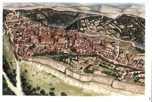 Middeleeuwen: zicht op de middeleeuwse stad Volterra, omringd door stadsmuren, in de 14e eeuw. Toscane. Italië Illustratie door Giorgio Albertini. (Het gebruik van de werken van deze auteur is niet onderworpen aan een aanvraag voor toestemming van een derd door Giorgio Albertini