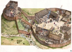 Middeleeuwen: dorp gebouwd aan de rand van een rivier, houten wallen en een versterkte toren. 11e eeuw door Giorgio Albertini