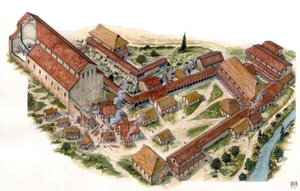 Preromaanse kunst: luchtfoto van het in de 8e eeuw gestichte zegeningenklooster van Sint-Vincentius (St. Vincent) van Volturne (Abbadia di San Vincenzo al Volturno). Castel san Vincenzo, Italië Illustratie door Giorgio Albertini. (Het gebruik van het werk  door Giorgio Albertini