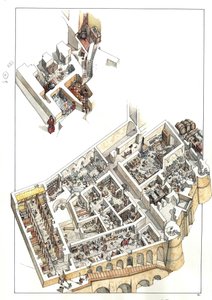 Reconstructie met het oog op het uithakken van de ondergrondse ruimtes waar de dienstverdieping (woonhuizen, badkamers, keuken, stallen) zich bevindt in het hertogelijk paleis van de stad Urbino in Italië. Het werd gebouwd door hertog Federico da Montefelt door Giorgio Albertini