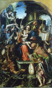 Heilige Familie met Sint Michaël de Aartsengel en de Duivel die Strijden om Zielen, Sint Bernhard en...