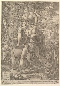 Allegorie van de Jacht, een jager met een grote speer die een vrouw Diana op zijn schouder draagt, 1556