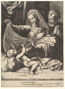 Madonna van Loreto, de Maagd tilt een sluier op boven het Kind, dat op een bed en kussen ligt, 1575 door Giorgio Ghisi