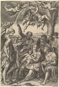 Rust tijdens de vlucht naar Egypte, de Heilige Familie onder een palmboom omringd door engelen, put..., 1578