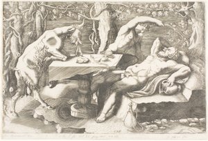 Satyr die Silenus met een Wijnstok Probeert te Wekken