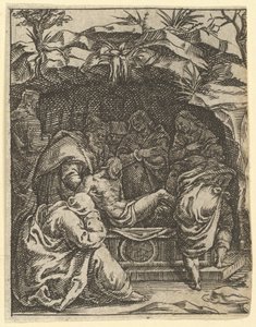 De Maagd van Smarten: De graflegging, een van de negen omliggende compartimenten, ca. 1575