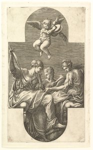 Drie muzen en een putto met cimbalen, een kruisvormige compositie, uit een serie van acht..., 1560s