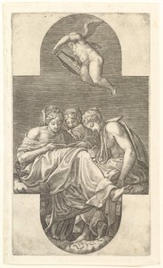 Drie muzen en een putto met een lier, een kruisvormige compositie, uit een serie van acht composities door Giorgio Ghisi