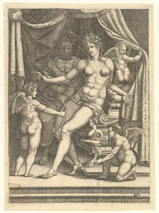 Venus en Vulcanus zittend op een bed en drie putti door Giorgio Ghisi