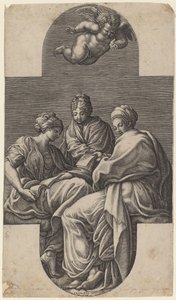 Drie Muzen en een Gebarende Putto door Giorgio Ghisi after Francesco Primaticcio