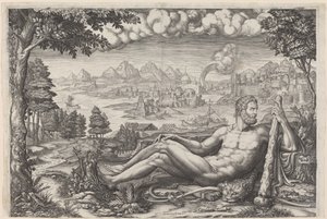 Hercules rustend van zijn werken door Giorgio Ghisi after Giulio Romano