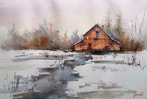 Rustieke winterbeek bij de schuur