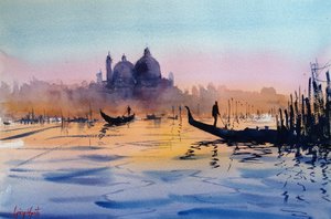 Gondels bij zonsondergang in Venetië door Giorgio Gosti