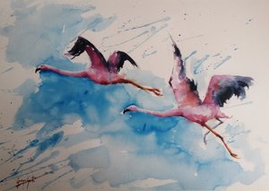 Levendige flamingovlucht door Giorgio Gosti