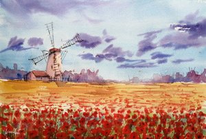 Levendig papaverveld bij de windmolen door Giorgio Gosti