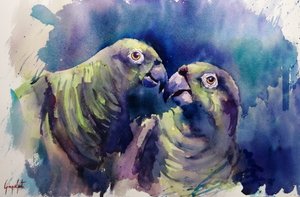 Groene papegaaien in aquarel door Giorgio Gosti