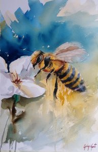 Aquarel van een honingbij op een bloem door Giorgio Gosti
