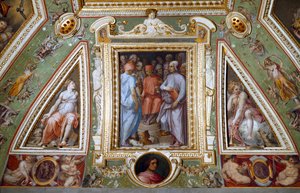 (detail) van de kamer van Cosimo de Medici die zichzelf met kunstenaars en intellectuelen voorstelt (fresco)