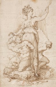Gevleugelde Victoria met palmblad en drie knielende gevangenen door Giorgio Vasari
