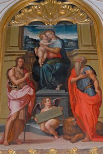 Madonna en Kind tussen Sint Johannes de Doper en Sint Hiëronymus, schilderij door Giorgio Vasari, kerk in Camaldoli klooster, Camaldoli, Toscane, Italië door Giorgio Vasari