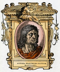 Portret van de schilder Andrea Mantegna (1431-1506) Houtsnede uit "Het Leven van Schilders" door Giorgio Vasari.