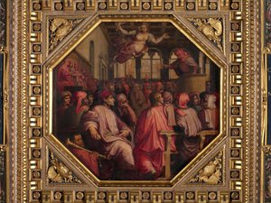 Toespraak van Antonio Giacomini voor de oorlog tegen Pisa in de Sala dei Duecento door Giorgio Vasari