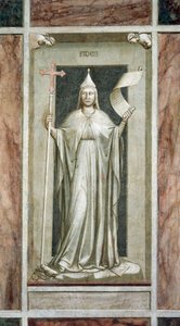Geloof, vrouwelijke figuur die het Kruis en een rol vasthoudt, symbool van de Geopenbaarde Waarheid, terwijl ze een afgod vernietigt en op symbolen van de Kabbala staat, door Giotto, cyclus van fresco