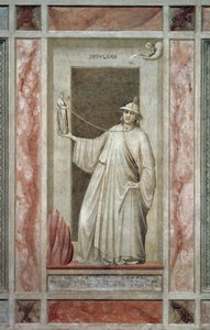 Ontrouw (ook wel Afgoderij genoemd), mannelijke figuur die zich van God afwendt en een afgod vasthoudt die hem bij de nek bindt, door Giotto, (detail) uit de cyclus van fresco