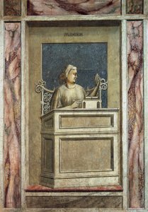 Voorzichtigheid, vrouwelijke figuur zittend aan een bureau, kijkend naar het verleden om van ervaring te leren en een boek lezend voor toekomstig onderricht (na restauratie)