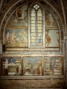 Scènes uit het Leven van St. Franciscus: De Eenvoudige Man Eert St. Franciscus; St. Franciscus Geeft zijn Jas aan de Arme Ridder; St. Franciscus Ziet in de Droom een Paleis vol Wapens door Giotto (c.1266 1337)