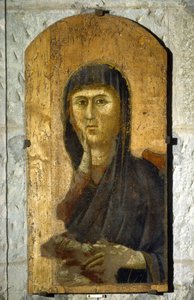 Madonna. Portret van de Maagd op een gouden achtergrond. Schilderij door Giotto di Bondone (1267? -1337), rond 1290. Tempera op hout. Afmetingen: 81,5 x 41 cm. Borgo San Lorenzo, Pieve.