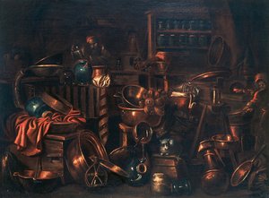 Laboratorium van de alchemist, schilderij door Gian Domenico Valentino (1630-1708), Italië door Giovan Domenico Valentino