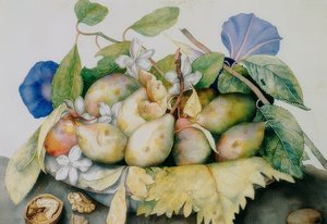 Bord met pruimen, jasmijn en walnoten