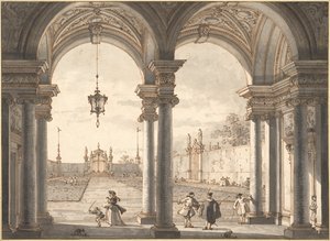 Uitzicht door een barokke zuilengang in een tuin, 1760-1768