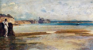 Ondergaande maan in de Tyrreense Zee, schilderij door Nino Costa (1826-1903), Italië door Giovanni Costa