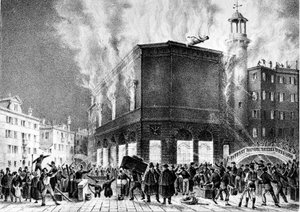 De brand van het theater van La Fenice in Venetië, in 1836. Gravure door Giovanni Pividor. Milaan, Conservatorium G. Verdi