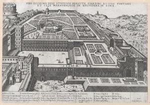 Speculum Romanae Magnificentiae: Luchtfoto van het Belvedere en zijn tuinen, 1579 door Giovanni Ambrogio Brambilla.