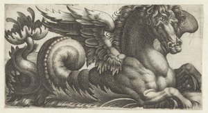 Gevleugeld zeepaard met aan het einde van zijn staart een open blad waaruit twee stampers steken door Giovanni Andrea Maglioli