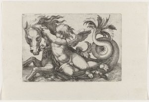 Putto rijdend op zeepaard