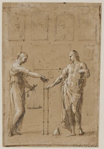 Een man en een vrouw in antieke kostuums, elk met weegschalen en een liniaal, voor een muur met schilderijen. Een beurs op de vloer voor de man door Giovanni Angelo Canini