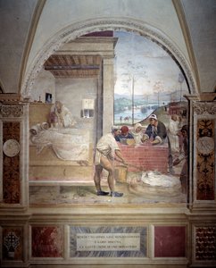 Benedictus verschijnt aan twee monniken en presenteert hen het project van een klooster (fresco)