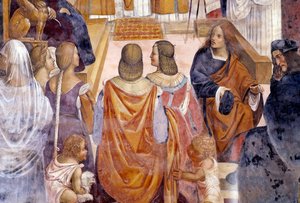 Benedictus excommuniceerde twee nonnen en verleent hen absolutie na hun dood (detail). Kloosterfresco door Antonio Bazzi genaamd il Sodoma (1477 - 1549) die het leven van Sint Benedictus van Nursia (480 - 567) oprichter van de Benedictijner Orde vertelt 15 door Giovanni Antonio Bazzi Sodoma