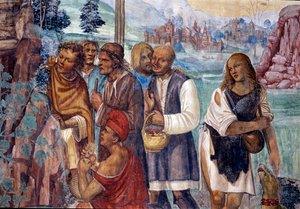 Hoe Benedictus de heilige leer onderwijst aan de boeren die hem bezoeken (detail) door Giovanni Antonio Bazzi Sodoma