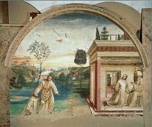 In 1497 begon Signorelli met het schilderen van de Vita van de Heilige ... door Giovanni Antonio Bazzi Sodoma